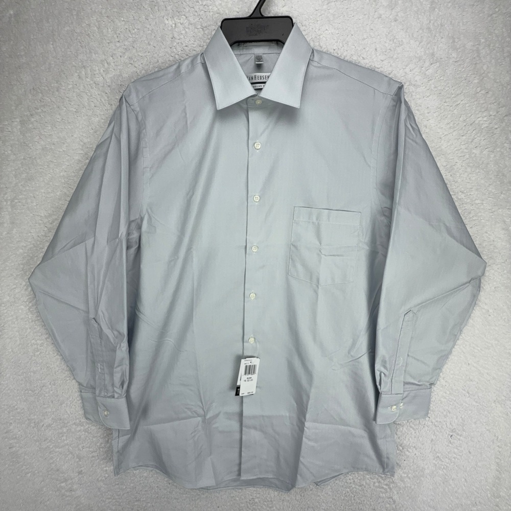 Van Heusen Mens Regular Fit Dress Shirt 16 32-33 Light Blue Herringbone NWT